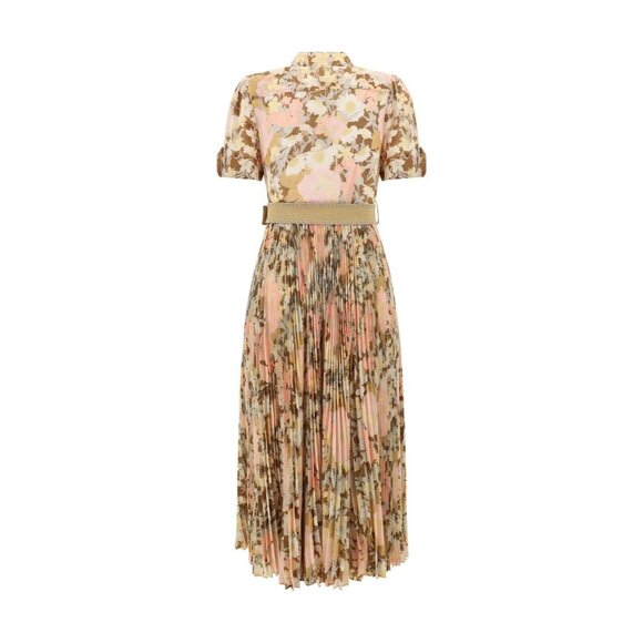 Zimmermann Pop Pleated Belted Midi Shirt Dress SS24 - Gold/Peach Floral $950 - Picture 4 of 9